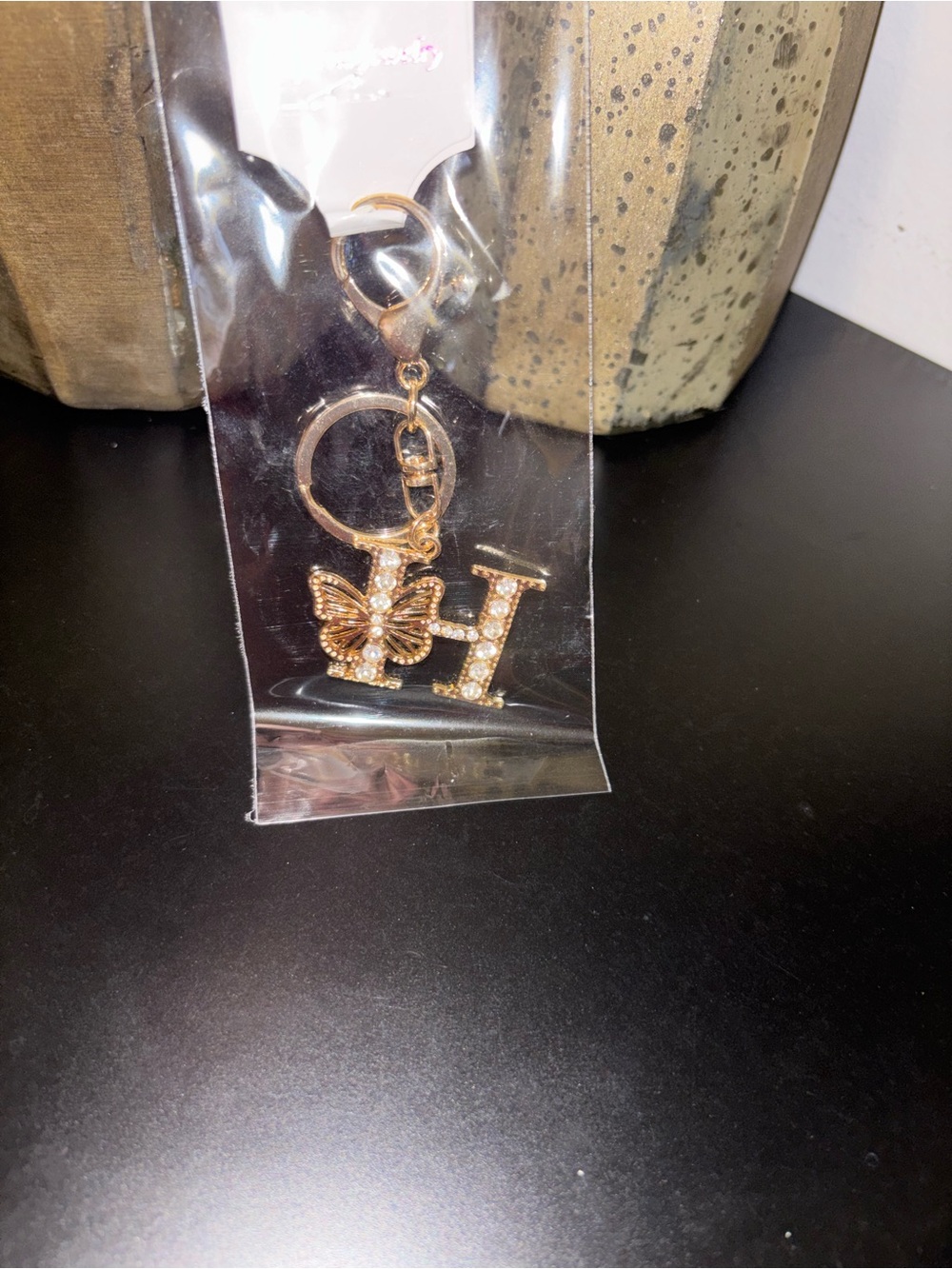 Gold Crystal 'H' Keychain with Butterfly Charm